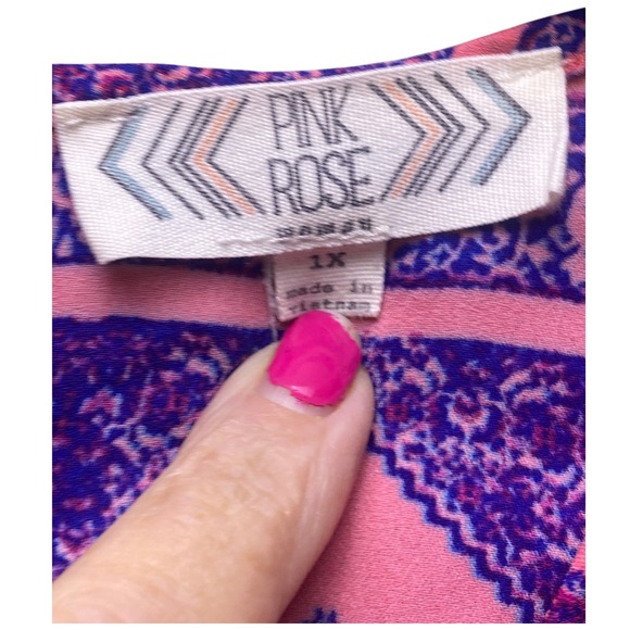 Pink Rose Blouse Womens 1X Pink Purple Diamond Print Short Sleeve Mature AOP - Picture 3 of 9